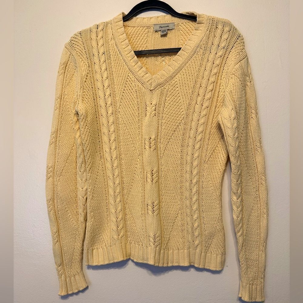 Faconnable Women’s Cream Chunky Cable Knit Cotton Pullover V-Neck Sweater  Sz S